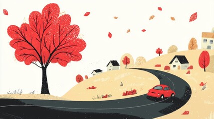 A simple autumnal illustration with a bright red tree standing tall on the side of a winding road