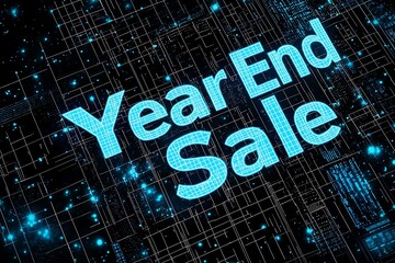 A high-tech design with "Year End Sale" in glowing blue neon text