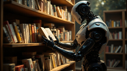 Fototapeta premium A humanoid robot browsing bookshelves, showcasing its quest for knowledge and learning.