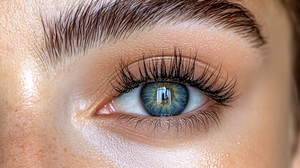 Obraz premium Close-up of a woman's blue eye with long eyelashes and subtle makeup.