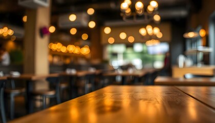 Fototapeta premium A close-up shot of a wooden table top in focus with a blurred background of warm, bokeh lights in a restaurant setting. 