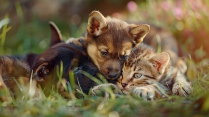 Adorable Puppies and Kitten Cuddling in Grass