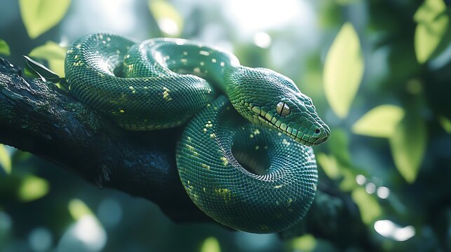 A high-resolution, camera-captured photo of a vibrant green tree python coiled gracefully around a branch, its scales gleaming under soft natural light.
