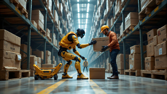 A collaborative scene of a robot assisting a worker in a warehouse filled with boxes.