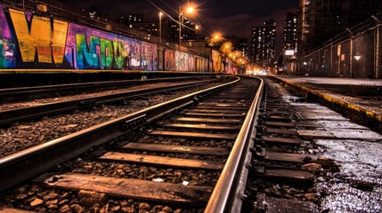 Urban Night Railway Tracks with Graffiti Wall