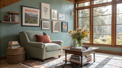 Fototapeta premium A cozy reading nook with a plush armchair, a charming coffee table stacked with books, and a window showcasing a verdant forest view