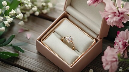 Ring in a box against a background of flowers. Selective focus.