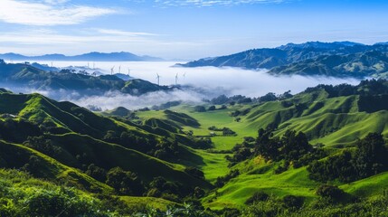 Obraz premium Verdant Hills Wind Farm Morning Mist Scenic View