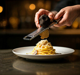 Grating Black Truffle Over Creamy Pasta in a Luxurious Kitchen
