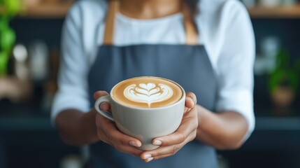 African woman holding latte art coffee cup in cafe