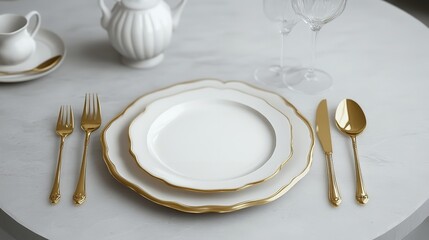 Christmas table setting with gold cutlery and white background