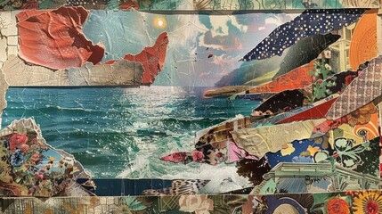 A vibrant collage depicting a coastal scene with textured elements and colorful patterns.