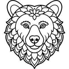 A bear head coloring page featuring a mandala pattern with intricate details