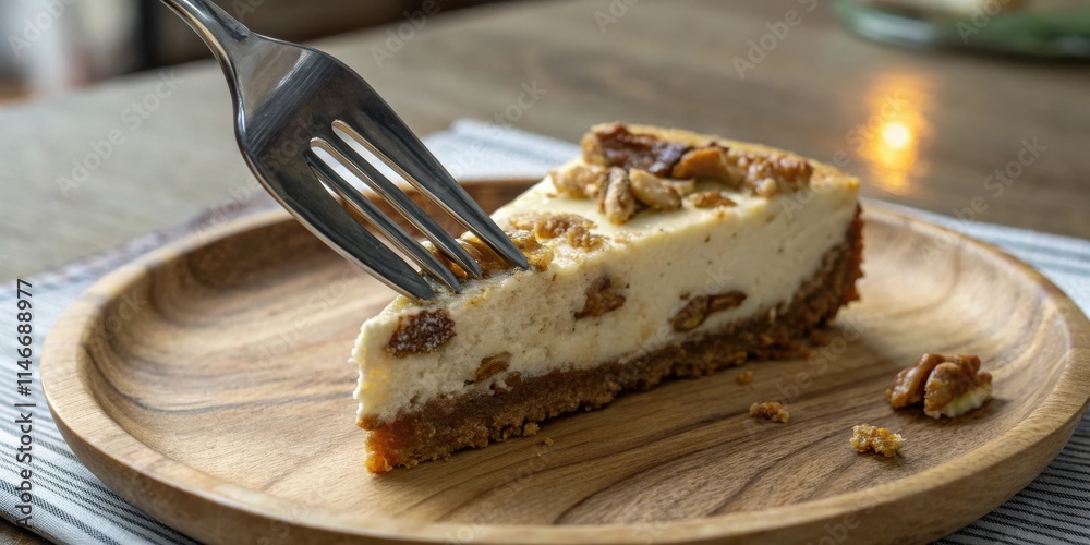 Poster a slice of cheesecake topped with pecans sits on a wooden plate, ready to be enjoyed with a fork.