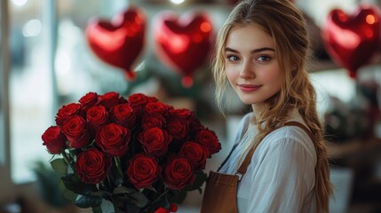 Young caucasian woman holding red roses in floral shop setting with heart balloons. The 14th of February. Happy Valentine's Day