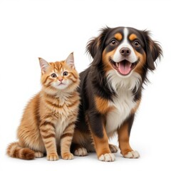 Fototapeta premium Adorable Kitten and Happy Bernese Mountain Dog Posing Together Against White Background Studio Shot