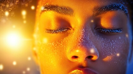 Close-up of young african woman's glittering face with eyes closed in warm light