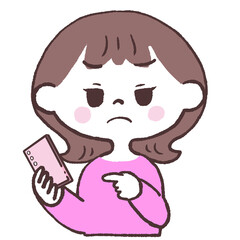 スマホ片手に不満げな女性正面イラスト