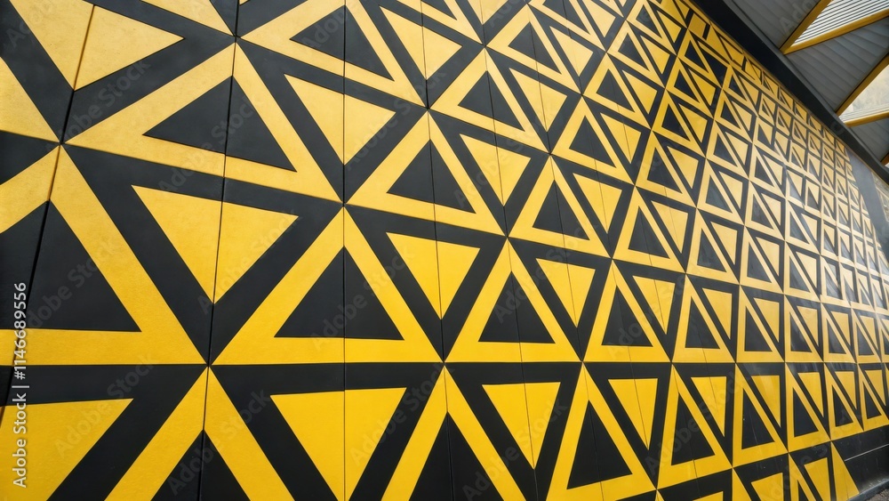 Aufkleber A black and yellow geometric pattern of interlocking triangles creates a visually striking architectural design on a building wall.