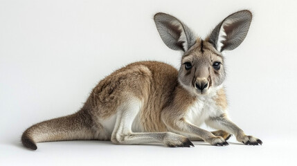 Red kangaroo joey sitting on white background.