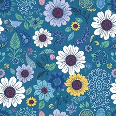 Fototapeta premium Blue Floral Pattern: Vibrant and whimsical, this seamless pattern bursts with color and life. The intricate details and charming flower motifs create a delightful and cheerful backdrop.