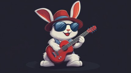 A cartoon rabbit wearing sunglasses and a hat, playing a red guitar.