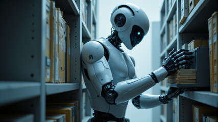 A humanoid robot meticulously organizing files in a futuristic library setting.
