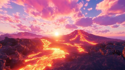 Naklejka premium Volcanic Sunset Lava Flows Across Fiery Landscape