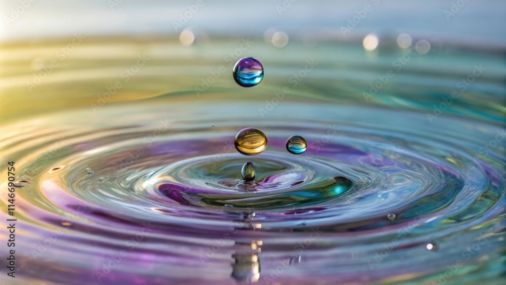 Poster a single water drop, with iridescent colors, plunges through the surface of calm water, creating a b