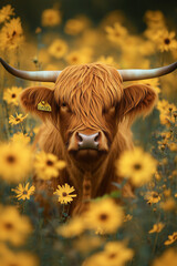 highland cow with horns yellow