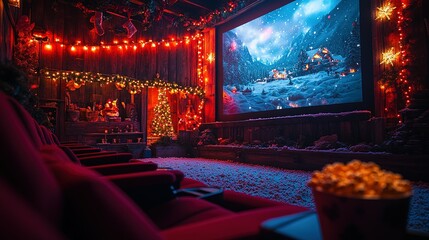 Obraz premium Festive Christmas Movie Theater Home Setup