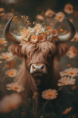 Schottish highland cow with flowers and depth of field artwork 