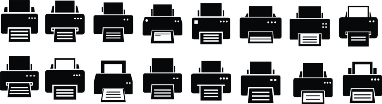 Detailed printer icons set featuring various printer designs, print settings, paper trays, and printing processes. Perfect for tech websites, apps, and educational materials,