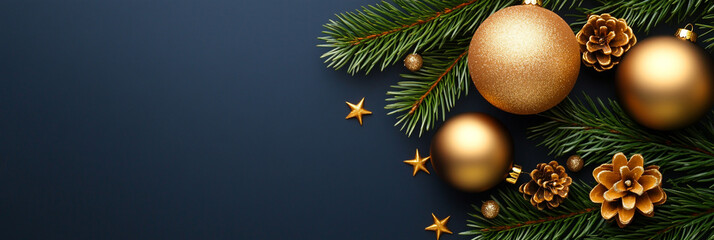 Festive Christmas Background with Pine Branches and Golden Decor
