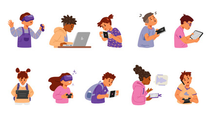 Elementary school children of different ethnicity using gadgets flat vector illustrations set. Kids using laptop, smartphones, virtual reality glasses, tablets, gamepads. Gadget addiction.