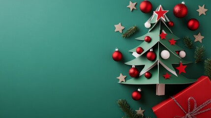 A paper Christmas tree cutout adorned ornaments, stars, and a wrapped gift, conveying a festive holiday atmosphere and creative design