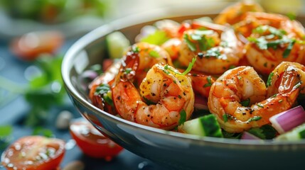 Fototapeta premium A vibrant bowl of grilled shrimp garnished with herbs and vegetables.