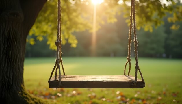 Columpio de madera colgando de un &aacute;rbol en un parque para recreaci&oacute;n al aire libre