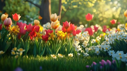 Fototapeta premium spring flowers in a sunlit garden