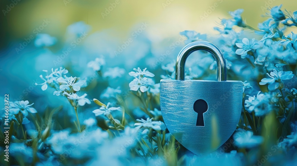 Poster simple shield and padlock design in blue, symbolizing cybersecurity