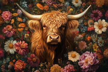 Schottish highland cow with flowers and depth of field artwork 
