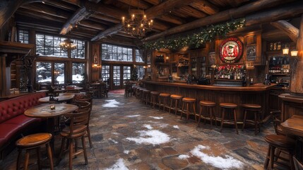 Cozy rustic bar interior with warm lights and snowy views