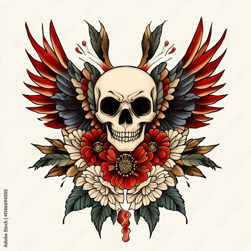 Wall mural Tengu Mask tattoo flash illustration