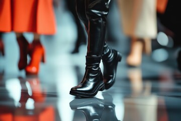 Fototapeta premium Black boots, glossy surface, fashion show, reflections.