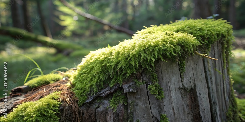 Poster sunlight illuminates lush moss growing abundantly on a weathered tree stump in a verdant forest