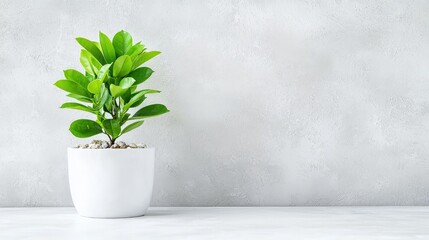 Small green plant in white pot against gray wall.