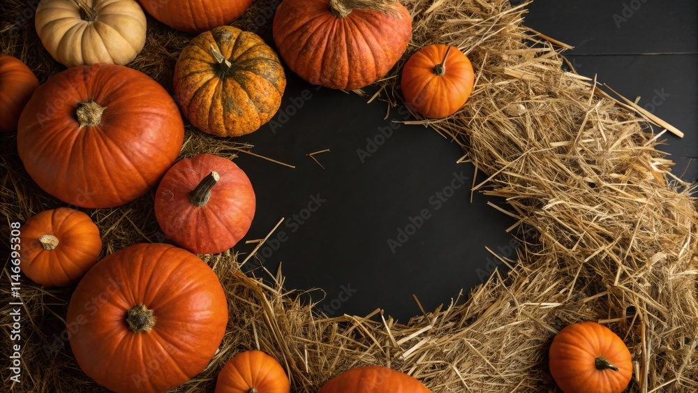 Poster a festive arrangement of pumpkins and straw, creating a natural frame around a blank space for your 