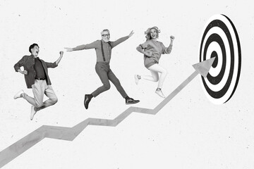 Collage photo of different people jumping grandfather young guy with excited carefree lady rising arrow target aim isolated on blue color background