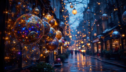 Obraz premium Festive lights display city street night holiday