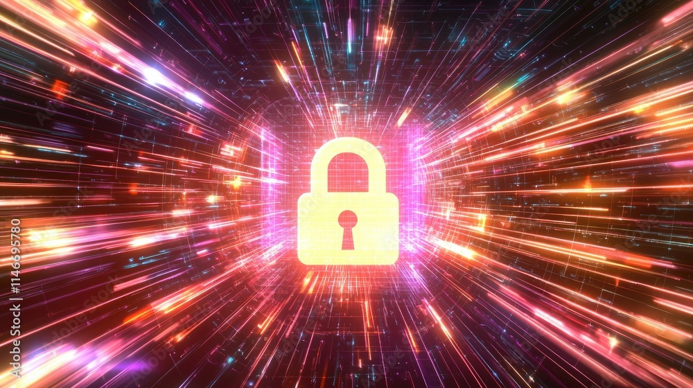 Poster Glowing lock icon on a network grid with data streams in the background 